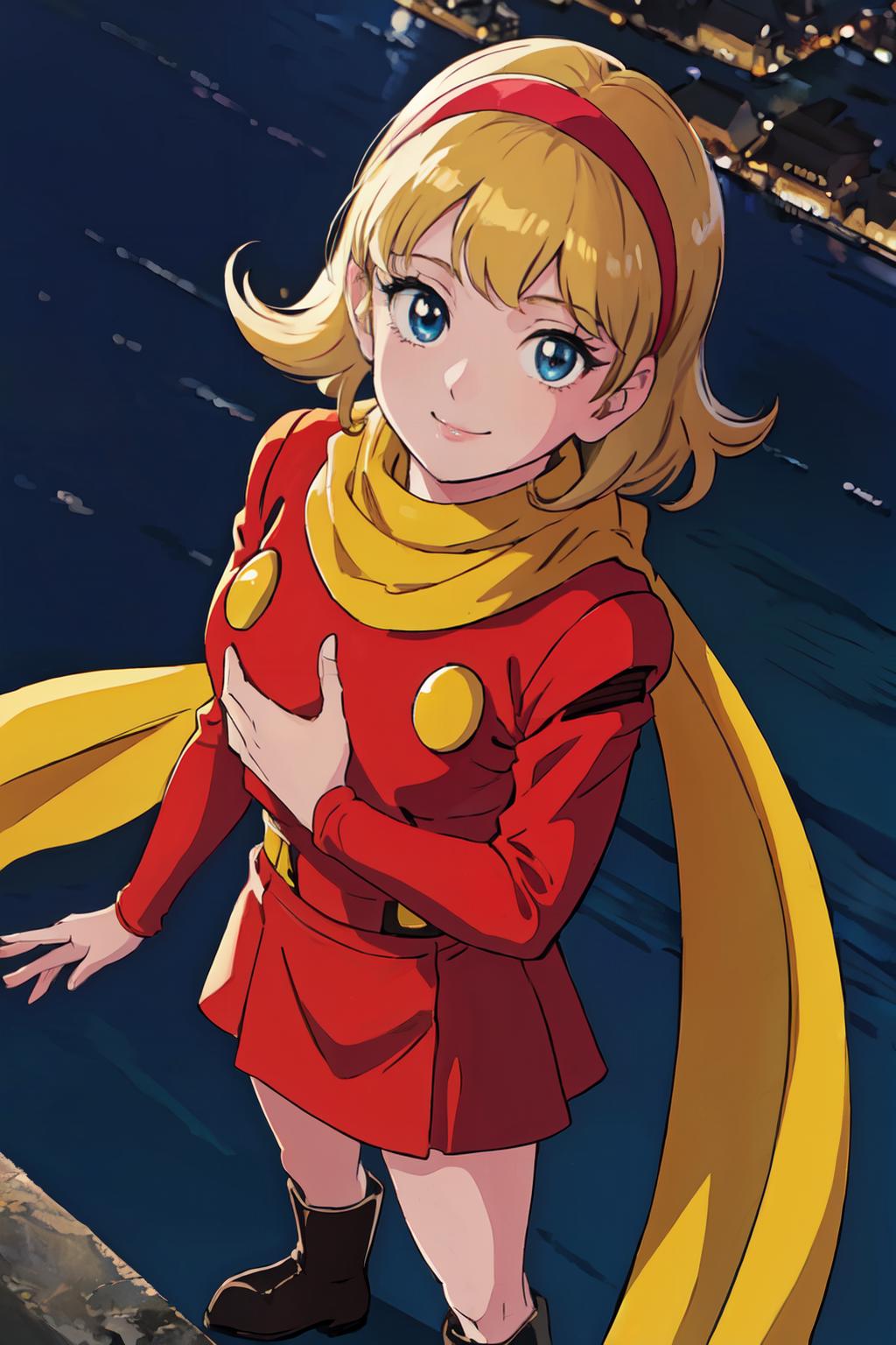 A close up of a woman in a red dress with a yellow scarf - SeaArt AI