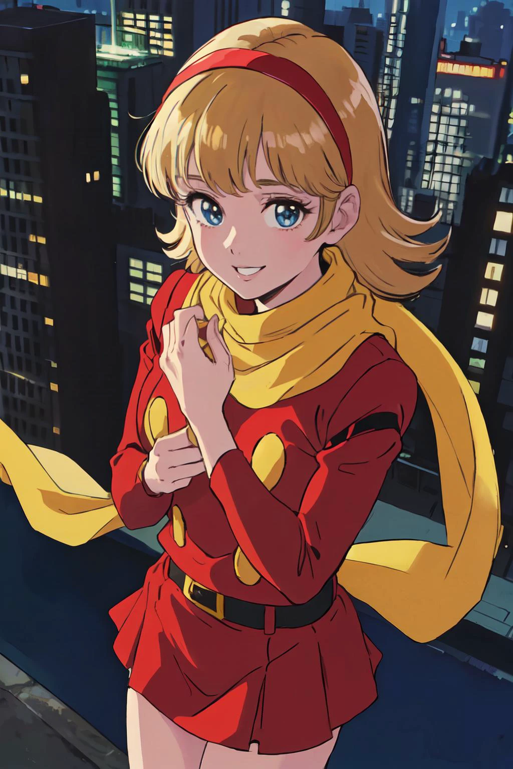 <lora:Cyborg003:0.65>cyborg003, city, red mini skirt, blonde hair, yellow scarf, from above,
(best quality, masterpiece, RAW photo,ultra-detailed:1.2), <lyco:GoodHands-beta2:1.0>,1girl,solo,looking at viewer, smile,