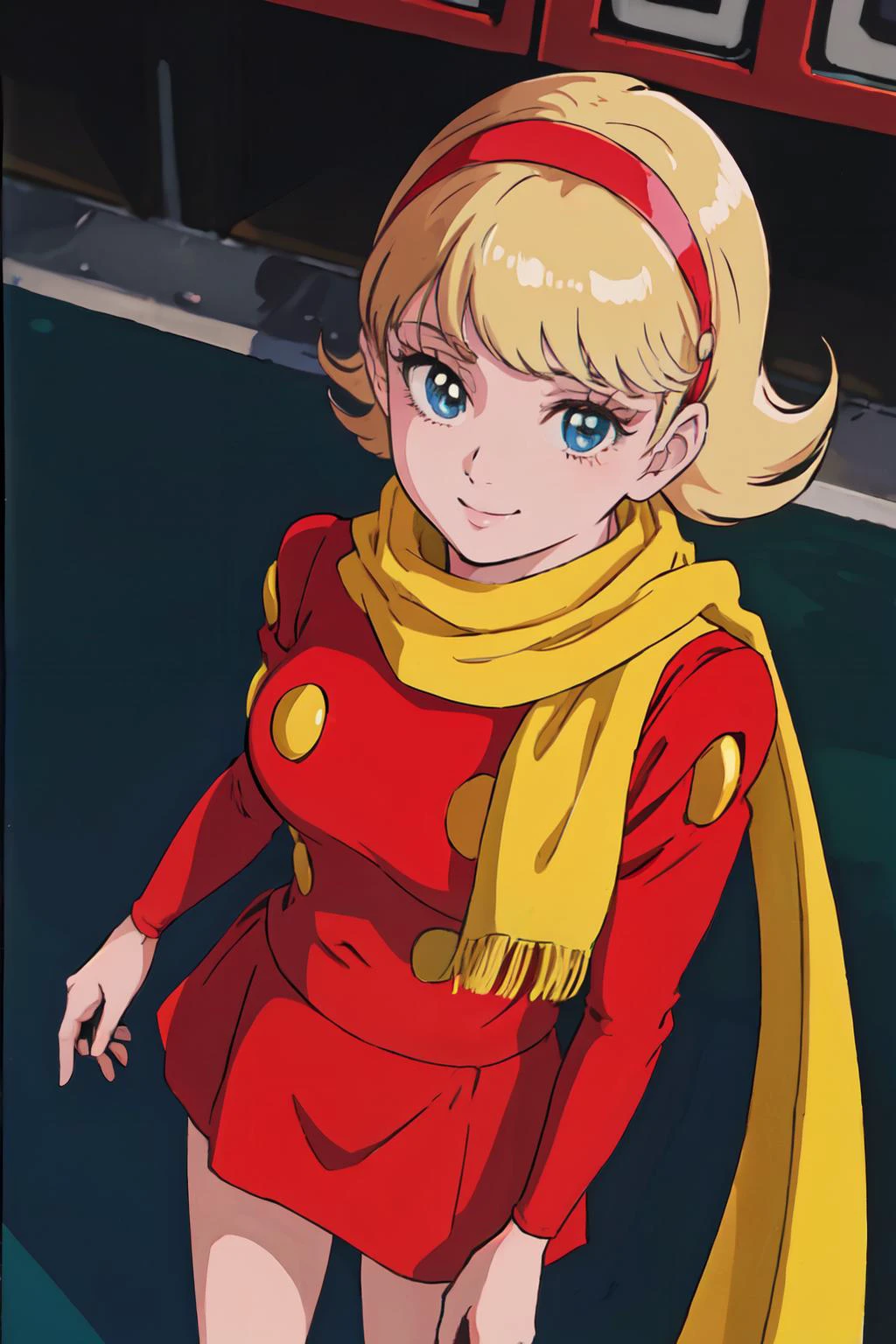 <lora:Cyborg003:0.65>cyborg003, city, red mini skirt, blonde hair, yellow scarf, from above,
(best quality, masterpiece, RAW photo,ultra-detailed:1.2), <lyco:GoodHands-beta2:1.0>,1girl,solo,looking at viewer, smile,