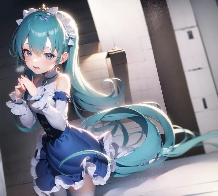 8k, masterpiece, best quality, ((solo)), (((1girl))),blue hair,  <hatsune miku:0.6>,petite, yume kawaii,blush, shy,( white thighhighs), light smile, aqua eyes,princess,snow, snowflakes,((blue footwear)), gem, bow, tunic,(full body),moon,