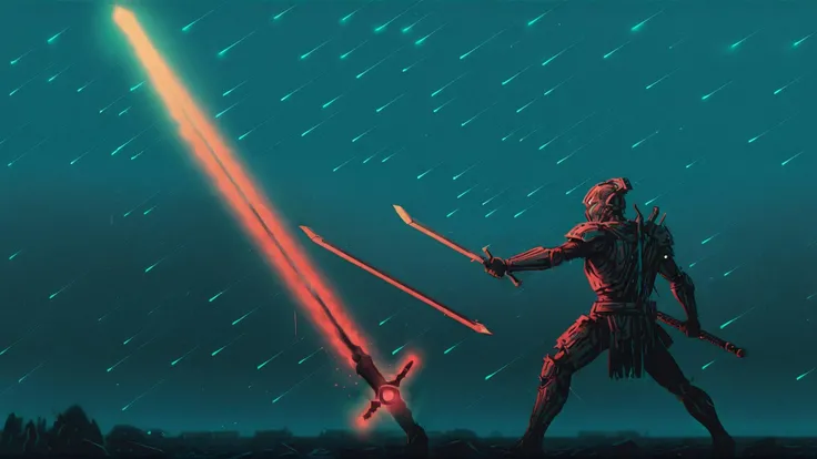 Digital art of a warrior wielding a glowing sword in a dystopian future <lora:bBackground:1.3>