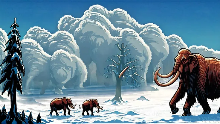 A prehistoric scene with a mammoth trudging through the snow <lora:bBackground:1.3>
