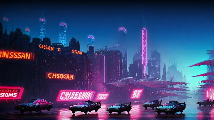 Cyberpunk cityscape with neon signs and flying cars <lora:bBackground:1.3>