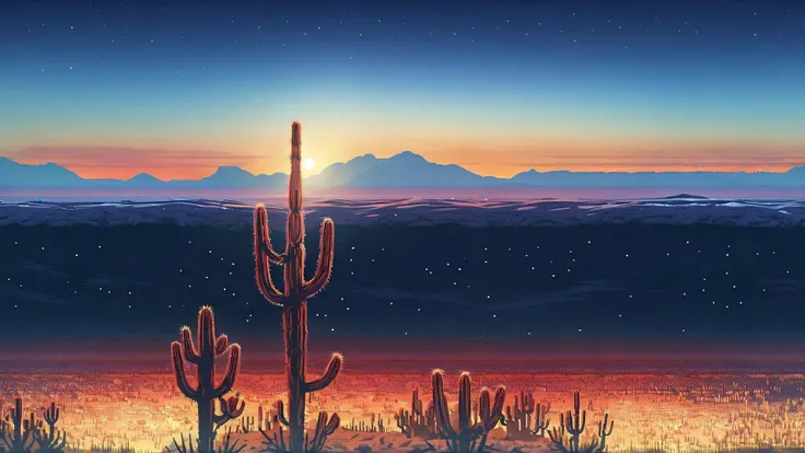A panorama of a desert with a lonely cactus at dusk <lora:bBackground:1.3>