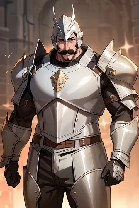 masterpiece, best quality, ultra-detailed, glistening shiny, glowing light, ray tracing, HDR, deph of field,(perfect face, detailed face) , 1boy, <lora:Alaindelon:0.7>, alaindelon, mustache, facial hair, muscular, armor, armored pants, helmet, standing