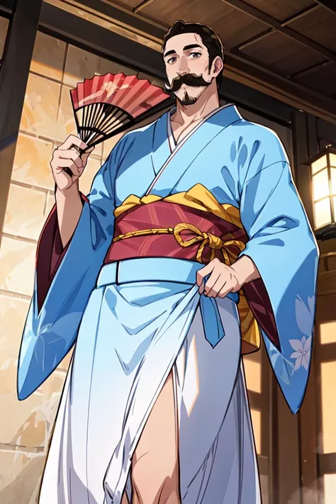 masterpiece, best quality, ultra-detailed, glistening shiny, glowing light, ray tracing, HDR, deph of field,(perfect face, detailed face) , 1boy, <lora:Alaindelon:0.7>, alaindelon, mustache, facial hair, muscular, crossdressing, kimono, long sleeves, wide sleeves, holding fan, long skirt, walking