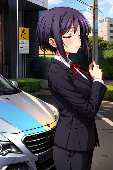 masterpiece,best quality,1girl,Fujikura Yu,purple hair,closed eyes,ribbon,short hair,business suit,secretary,expressionless,standing,outdoors,car,from side,<lora:Fujikura Yu_20230719054959:0.7>,