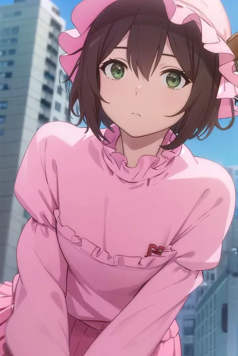 rinazuma, <lora:rin azuma hnu-lora-nochekaiser:1>,
rin azuma, short hair, brown hair, (green eyes:1.3),
BREAK hat, frills, dress, pink dress, pink hat, long sleeves, puffy sleeves, skirt, pink skirt,
BREAK outdoors, city, sun, clouds,
BREAK looking at viewer, (cowboy shot:1.5),
BREAK <lyco:GoodHands-beta2:1>, (masterpiece:1.2), best quality, high resolution, unity 8k wallpaper, (illustration:0.8), (beautiful detailed eyes:1.6), extremely detailed face, perfect lighting, extremely detailed CG, (perfect hands, perfect anatomy),