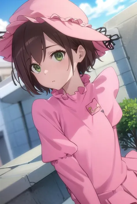 rinazuma, <lora:rin azuma hnu-lora-nochekaiser:1>,
rin azuma, short hair, brown hair, (green eyes:1.3),
BREAK hat, frills, dress, pink dress, pink hat, long sleeves, puffy sleeves, skirt, pink skirt,
BREAK outdoors, city, sun, clouds,
BREAK looking at viewer, (cowboy shot:1.5),
BREAK <lyco:GoodHands-beta2:1>, (masterpiece:1.2), best quality, high resolution, unity 8k wallpaper, (illustration:0.8), (beautiful detailed eyes:1.6), extremely detailed face, perfect lighting, extremely detailed CG, (perfect hands, perfect anatomy),