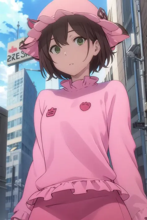 rinazuma, <lora:rin azuma hnu-lora-nochekaiser:1>,
rin azuma, short hair, brown hair, (green eyes:1.3),
BREAK hat, frills, dress, pink dress, pink hat, long sleeves, puffy sleeves, skirt, pink skirt,
BREAK outdoors, city, sun, clouds,
BREAK looking at viewer, (cowboy shot:1.5),
BREAK <lyco:GoodHands-beta2:1>, (masterpiece:1.2), best quality, high resolution, unity 8k wallpaper, (illustration:0.8), (beautiful detailed eyes:1.6), extremely detailed face, perfect lighting, extremely detailed CG, (perfect hands, perfect anatomy),