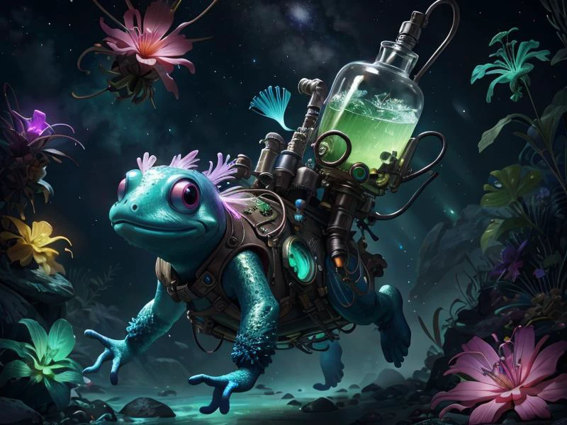 (Style: realism, (epic:1.2), realistic, photo, trending on artstation, (pixar:1.2), 3d, cartoon, ((high quality:1.2, masterpiece:1.2)) , (8k resolution) , high details, incredibly absurdres, color connection, colorized, colorful, neon colors, (bioluminescence:1.1), (iridescent:1.2), (no humans:1.3)),
(axolotl:1.2),, animal, cute big eyes, trench coat), foreign planet,,
<lora:AbsinthePunkAI:0.65> AbsinthePunkAI
