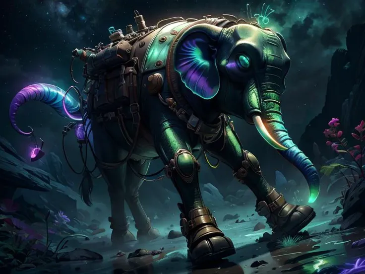 (Style: realism, (epic:1.2), realistic, photo, trending on artstation, pixar, 3d, cartoon, ((high quality:1.2, masterpiece:1.2)) , (8k resolution) , high details, incredibly absurdres, color connection, colorized, colorful, neon colors, (bioluminescence:1.1), (iridescent:1.2),no humans),
elephant,, animal, cute big eyes, trench coat), foreign planet,,
<lora:AbsinthePunkAI:0.65> AbsinthePunkAI