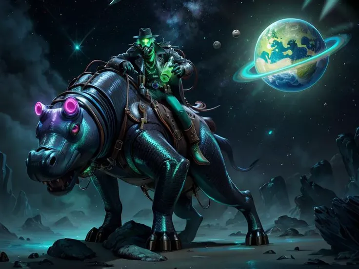 (Style: realism, (epic:1.2), realistic, photo, trending on artstation, pixar, 3d, cartoon, ((high quality:1.2, masterpiece:1.2)) , (8k resolution) , high details, incredibly absurdres, color connection, colorized, colorful, neon colors, (bioluminescence:1.1), (iridescent:1.2),no humans),
hippopotamus, animal, cute big eyes, trench coat), foreign planet,,
<lora:AbsinthePunkAI:0.65> AbsinthePunkAI