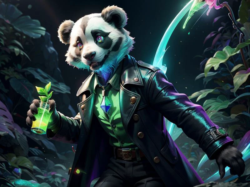 (Style: realism, (epic:1.2), realistic, photo, trending on artstation, pixar, 3d, cartoon, ((high quality:1.2, masterpiece:1.2)) , (8k resolution) , high details, incredibly absurdres, color connection, colorized, colorful, neon colors, (bioluminescence:1.1), (iridescent:1.2),no humans),
(panda,, animal, cute big eyes, trench coat), cave,
<lora:AbsinthePunkAI:0.65> AbsinthePunkAI