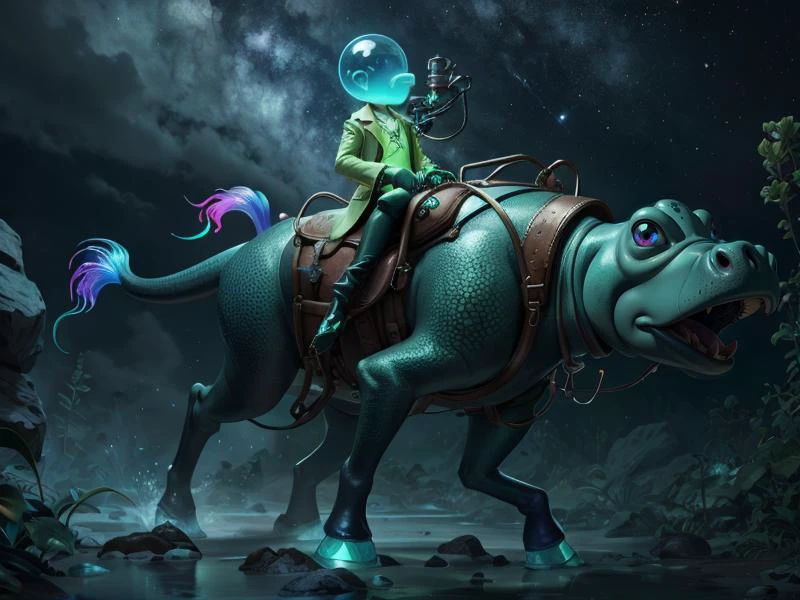 (Style: realism, (epic:1.2), realistic, photo, trending on artstation, pixar, 3d, cartoon, ((high quality:1.2, masterpiece:1.2)) , (8k resolution) , high details, incredibly absurdres, color connection, colorized, colorful, neon colors, (bioluminescence:1.1), (iridescent:1.2),no humans),
(hippopotamus, animal, cute big eyes, trench coat), foreign planet,,
<lora:AbsinthePunkAI:0.5> AbsinthePunkAI