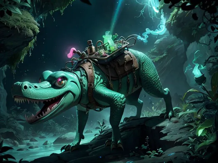(Style: realism, (epic:1.2), realistic, photo, trending on artstation, (pixar:1.2), 3d, cartoon, ((high quality:1.2, masterpiece:1.2)) , (8k resolution) , high details, incredibly absurdres, color connection, colorized, colorful, neon colors, (bioluminescence:1.1), (iridescent:1.2), (no humans:1.3)),
crocodile,, animal, cute big eyes, trench coat), cave,
<lora:AbsinthePunkAI:0.65> AbsinthePunkAI