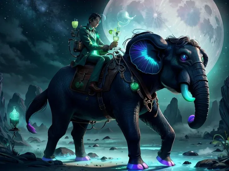 (Style: realism, (epic:1.2), realistic, photo, trending on artstation, pixar, 3d, cartoon, ((high quality:1.2, masterpiece:1.2)) , (8k resolution) , high details, incredibly absurdres, color connection, colorized, colorful, neon colors, (bioluminescence:1.1), (iridescent:1.2),no humans),
elephant,, animal, cute big eyes, trench coat), moon,,
<lora:AbsinthePunkAI:0.65> AbsinthePunkAI
