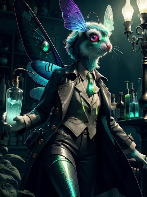 (Style: realism, (epic:1.2), realistic, photo, trending on artstation, pixar, 3d, ((high quality:1.2, masterpiece:1.2)) , (8k resolution) , high details, incredibly absurdres, color connection, colorized, colorful, neon colors, (bioluminescence:1.1), (iridescent:1.2), (no humans:1.2)),
((moth:1.2),bug, wings, animal, cute big eyes, trench coat), moon,
<lora:AbsinthePunkAI:0.65> AbsinthePunkAI