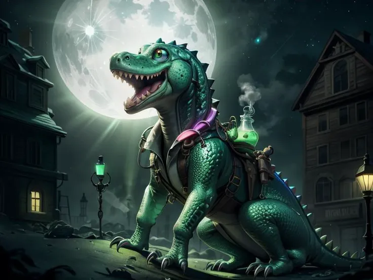 (Style: realism, (epic:1.2), realistic, photo, trending on artstation, pixar, 3d, cartoon, ((high quality:1.2, masterpiece:1.2)) , (8k resolution) , high details, incredibly absurdres, color connection, colorized, colorful, neon colors, (bioluminescence:1.1), (iridescent:1.2),no humans),
(crocodile, animal, cute big eyes, trench coat), moon,
<lora:AbsinthePunkAI:0.65> AbsinthePunkAI