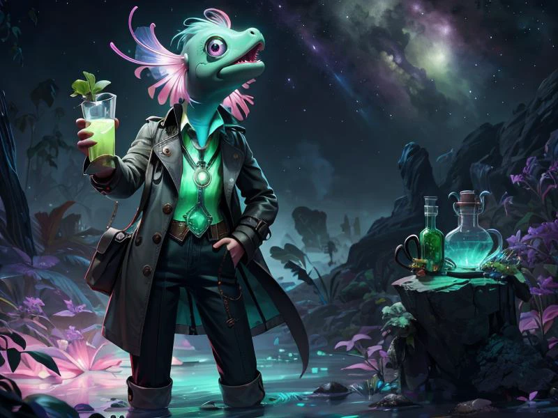 (Style: realism, (epic:1.2), realistic, photo, trending on artstation, (pixar:1.2), 3d, cartoon, ((high quality:1.2, masterpiece:1.2)) , (8k resolution) , high details, incredibly absurdres, color connection, colorized, colorful, neon colors, (bioluminescence:1.1), (iridescent:1.2), (no humans:1.3)),
(axolotl:1.2),, animal, cute big eyes, trench coat), foreign planet,,
<lora:AbsinthePunkAI:0.65> AbsinthePunkAI