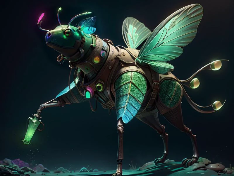 (Style: realism, (epic:1.2), realistic, photo, trending on artstation, (pixar:1.2), 3d, cartoon, ((high quality:1.2, masterpiece:1.2)) , (8k resolution) , high details, incredibly absurdres, color connection, colorized, colorful, neon colors, (bioluminescence:1.1), (iridescent:1.2), (no humans:1.3)),
(moth:1.3),, animal, cute big eyes, trench coat), foreign planet,,
<lora:AbsinthePunkAI:0.65> AbsinthePunkAI