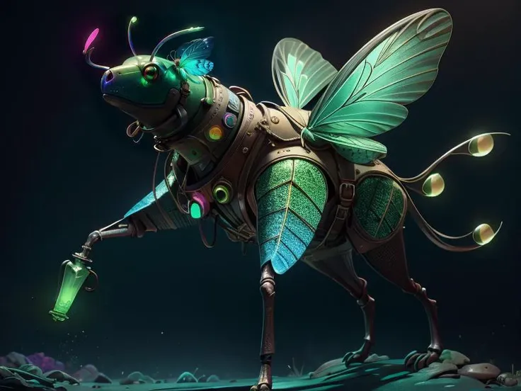 (Style: realism, (epic:1.2), realistic, photo, trending on artstation, (pixar:1.2), 3d, cartoon, ((high quality:1.2, masterpiece:1.2)) , (8k resolution) , high details, incredibly absurdres, color connection, colorized, colorful, neon colors, (bioluminescence:1.1), (iridescent:1.2), (no humans:1.3)),
(moth:1.3),, animal, cute big eyes, trench coat), foreign planet,,
<lora:AbsinthePunkAI:0.65> AbsinthePunkAI