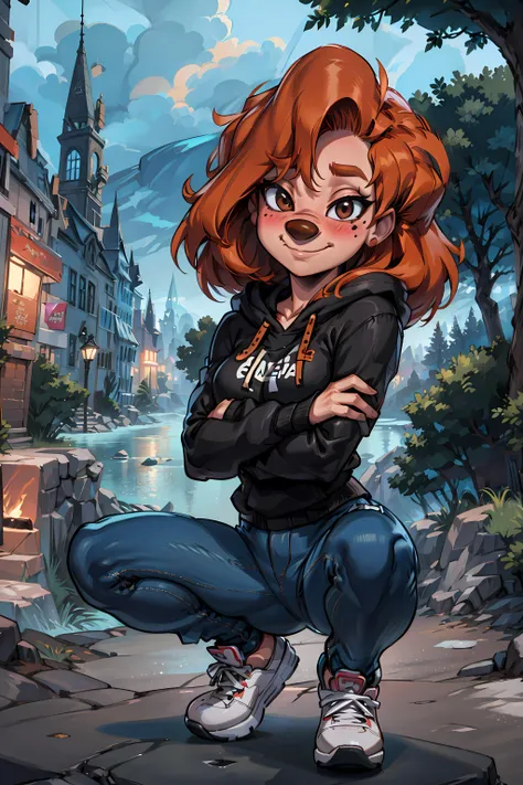 furry anthro, roxanne, dog girl, solo, body fur, (best quality), (cute pose:1.2), smile, closed mouth, looking at viewer, blush, outdoors fantasy background, small breasts, octane render, romantic lighting, (detailed fluffy fur), mole, black hoodie, blue jeans, skate shoes, beanie,<lora:roxanne-v1:1>