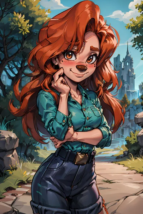 furry anthro, roxanne, dog girl, solo, body fur, green shirt, denim shorts, belt, (best quality), (cute pose:1.2), smile, closed mouth, looking at viewer, blush, outdoors fantasy background, small breasts, octane render, romantic lighting, (detailed fluffy fur), mole, <lora:roxanne-v1:1>