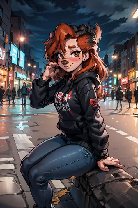 furry anthro, roxanne, dog girl, solo, body fur, (best quality), (cute pose:1.2), smile, looking at viewer, blush, outdoors, small breasts, octane render, romantic lighting, (detailed fluffy fur), mole, black hoodie, blue jeans, skate shoes, beanie, city background, sitting, park bench,<lora:roxanne-v1:1>