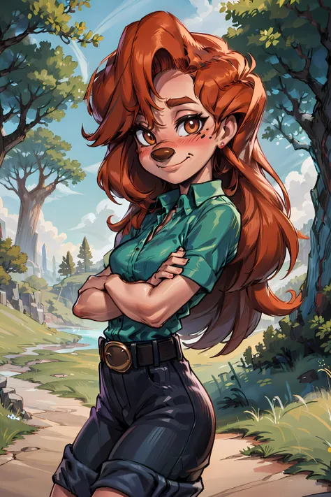 furry anthro, roxanne, dog girl, solo, body fur, green shirt, denim shorts, belt, (best quality), (cute pose:1.2), smile, closed mouth, looking at viewer, blush, outdoors fantasy background, small breasts, octane render, romantic lighting, (detailed fluffy fur), mole, <lora:roxanne-v1:1>