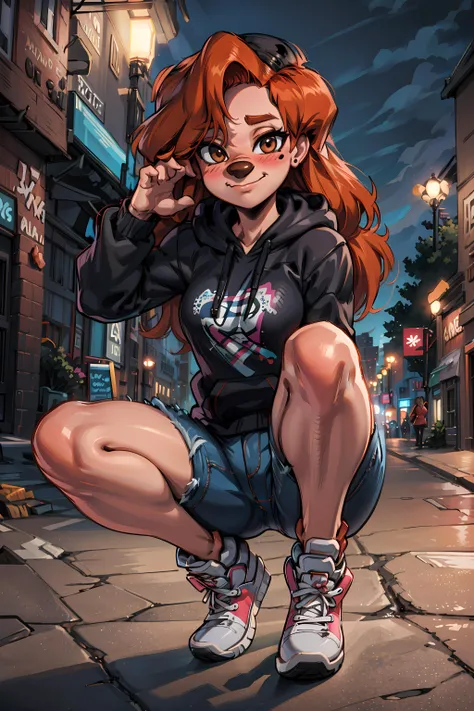 furry anthro, roxanne, dog girl, solo, body fur, (best quality), (cute pose:1.2), smile, closed mouth, looking at viewer, blush, outdoors fantasy background, small breasts, octane render, romantic lighting, (detailed fluffy fur), mole, black hoodie, blue jeans, skate shoes, beanie,<lora:roxanne-v1:1>
