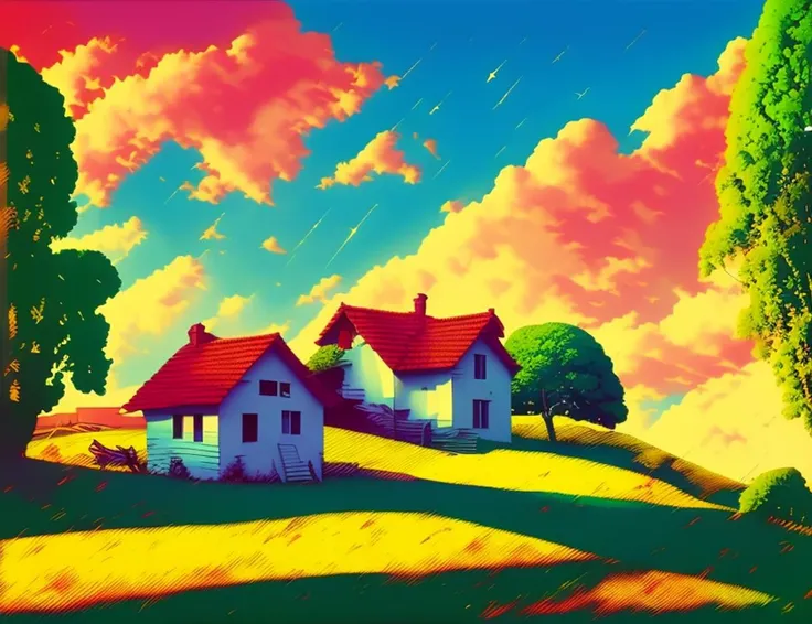 A digital painting of a house in summer by, 8k, art by rzvice-15 (and pixiv-crypto and ilya kuvshinov:1.1) cinematic lighting, concept art, smooth, sharp focus, behance contest winner, (pop art stripes in the sky), masterpiece