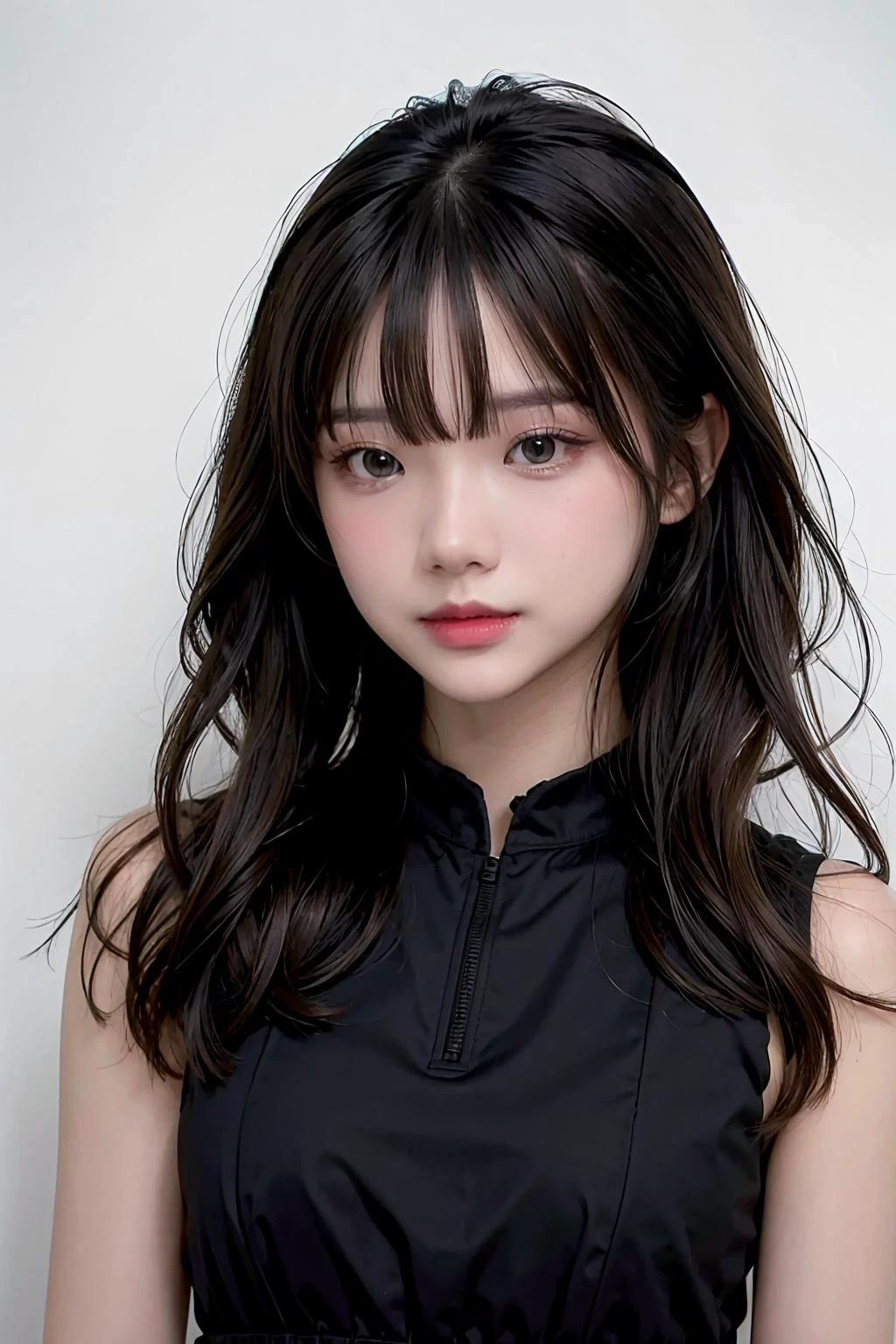 1girl,hair with bangs,black long dress,white background,<lora:Spicyuuu-04:1>
