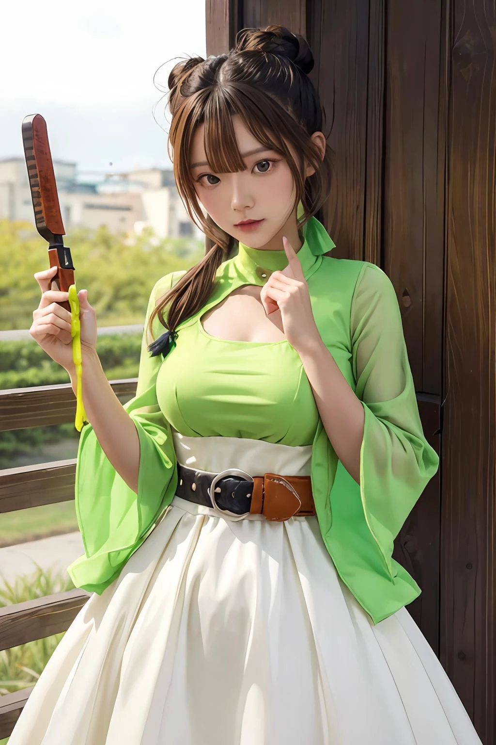 Slime girl, (slime), Slime hair Double buns hair style, Pumpkin Orange, White Princess dress with weapon belt, Masterpiece, Best Quality , <lora:Spicyuuu-04:1>