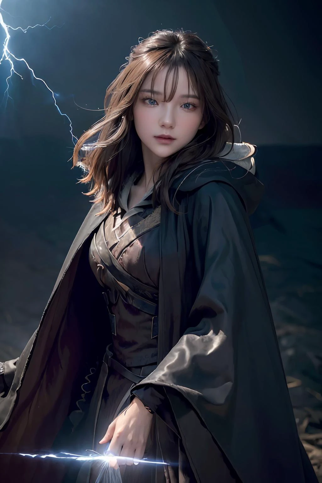 (skindentation:1.5), Realistic, Photorealistic, (masterpiece:1.5), concept art, intricate details, highly detailed, photorealistic, octane render, 8k, unreal engine, dynamic pose, best quality, highres, (realistic face:1.1), (hyperrealistic:1.1), ((full_body)), perfect eyes,(shiny skin:1.2), (((hairstyle))), (((perfect hands))), (extremely detailed background), ((dynamic background)), ((lightning)), (light rays), ((1girl)), wearing cloak, (((flowing cloak))), ((detailed eyes, high quality eyes, high quality face)), (extremely intricate robes, magical robes), short hair, casting lightning, electricity, swirling fire, radiating power, sparks, smoke, magic, ((dramatic)), epic, battlefield, depth of field, bokeh, 4k, gothic, ember, particles, <lora:Spicyuuu-04:1>