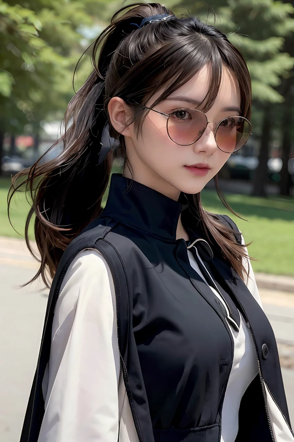 (masterpiece:1.2), (best quality), (ultra detailed), (8k,4k),(half body:1.2),(cowboy:1.2),(highly detailed:1.2),(detailed face:1.2), (detailed background),(portrait),detailed landscape,(dynamic pose:1.2),(perfect lightingbest quality),vayne 1girl, solo, long hair, looking at viewer, black hair, gloves, upper body, ponytail, cape, sunglasses, adjusting eyewear, looking over eyewear, <lora:Spicyuuu-04:1>