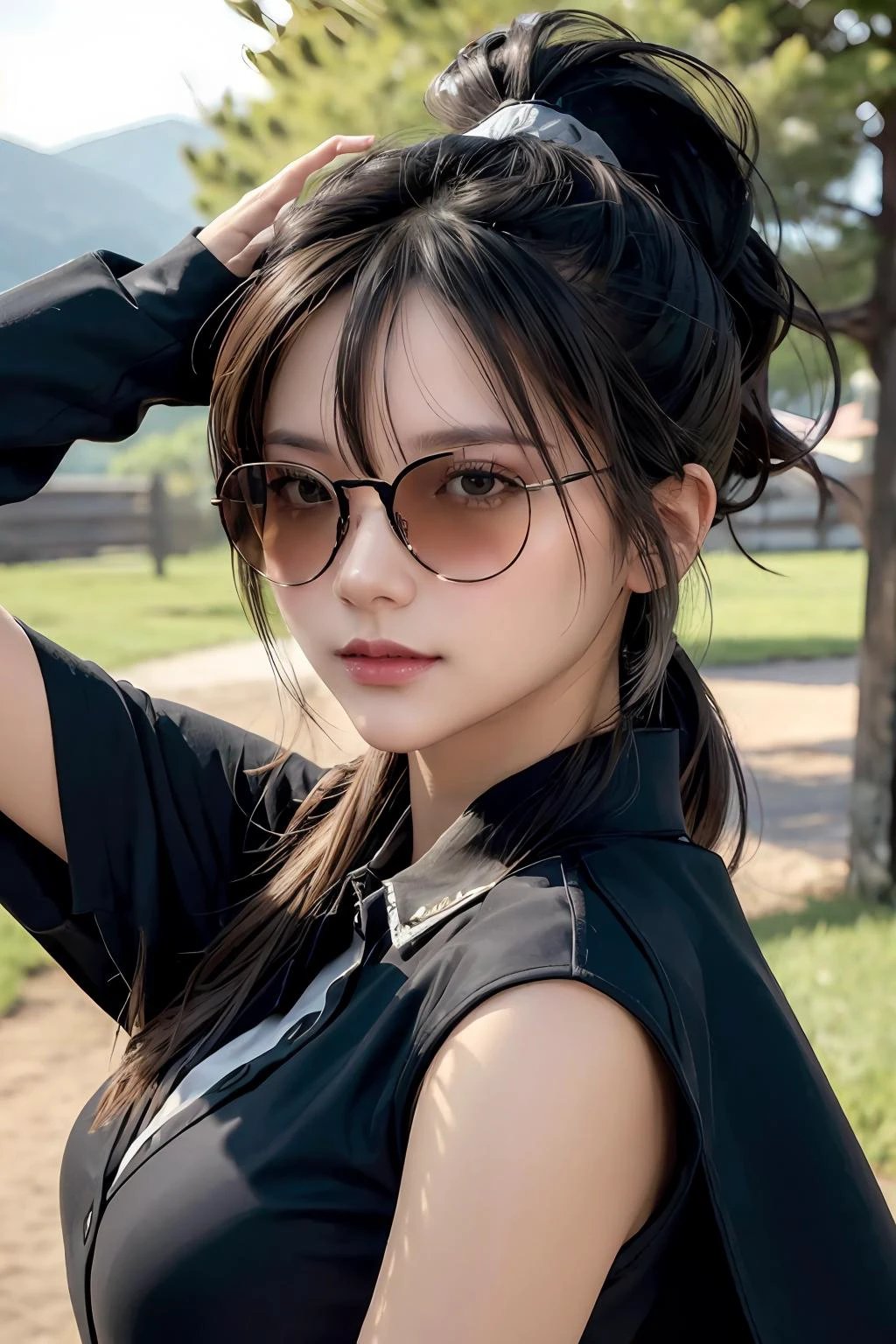 (masterpiece:1.2), (best quality), (ultra detailed), (8k,4k),(half body:1.2),(cowboy:1.2),(highly detailed:1.2),(detailed face:1.2), (detailed background),(portrait),detailed landscape,(dynamic pose:1.2),(perfect lightingbest quality),vayne 1girl, solo, long hair, looking at viewer, black hair, gloves, upper body, ponytail, cape, sunglasses, adjusting eyewear, looking over eyewear, <lora:Spicyuuu-04:1>