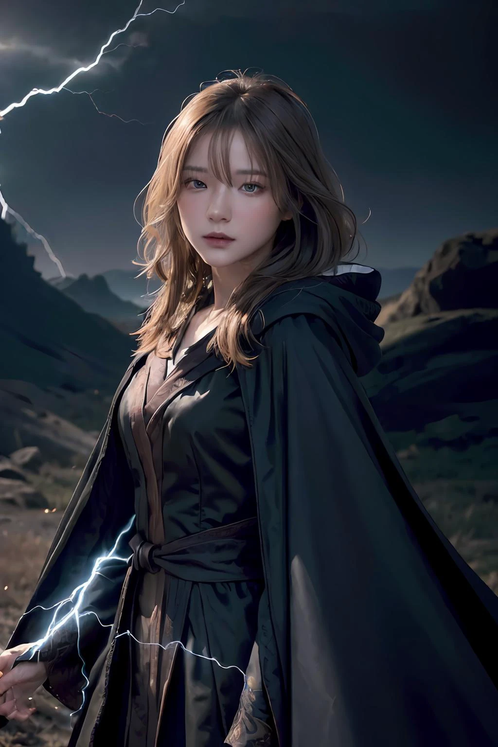 (skindentation:1.5), Realistic, Photorealistic, (masterpiece:1.5), concept art, intricate details, highly detailed, photorealistic, octane render, 8k, unreal engine, dynamic pose, best quality, highres, (realistic face:1.1), (hyperrealistic:1.1), ((full_body)), perfect eyes,(shiny skin:1.2), (((hairstyle))), (((perfect hands))), (extremely detailed background), ((dynamic background)), ((lightning)), (light rays), ((1girl)), wearing cloak, (((flowing cloak))), ((detailed eyes, high quality eyes, high quality face)), (extremely intricate robes, magical robes), short hair, casting lightning, electricity, swirling fire, radiating power, sparks, smoke, magic, ((dramatic)), epic, battlefield, depth of field, bokeh, 4k, gothic, ember, particles, <lora:Spicyuuu-04:1>