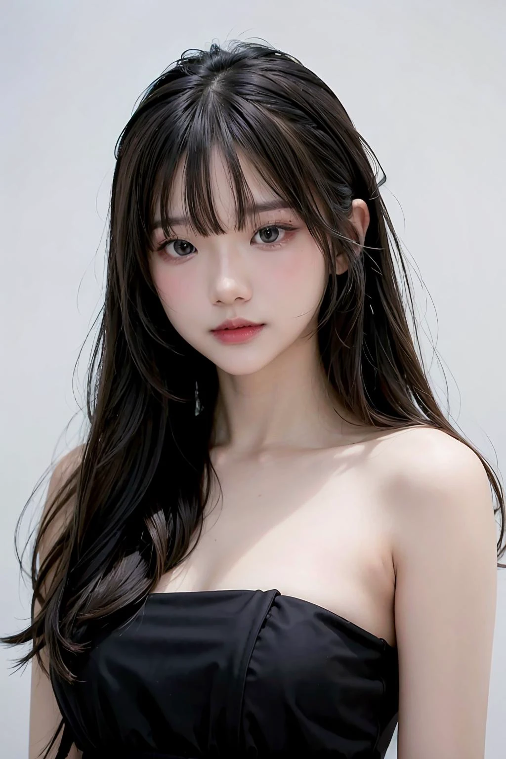 1girl,hair with bangs,black long dress,white background,<lora:Spicyuuu-04:1>