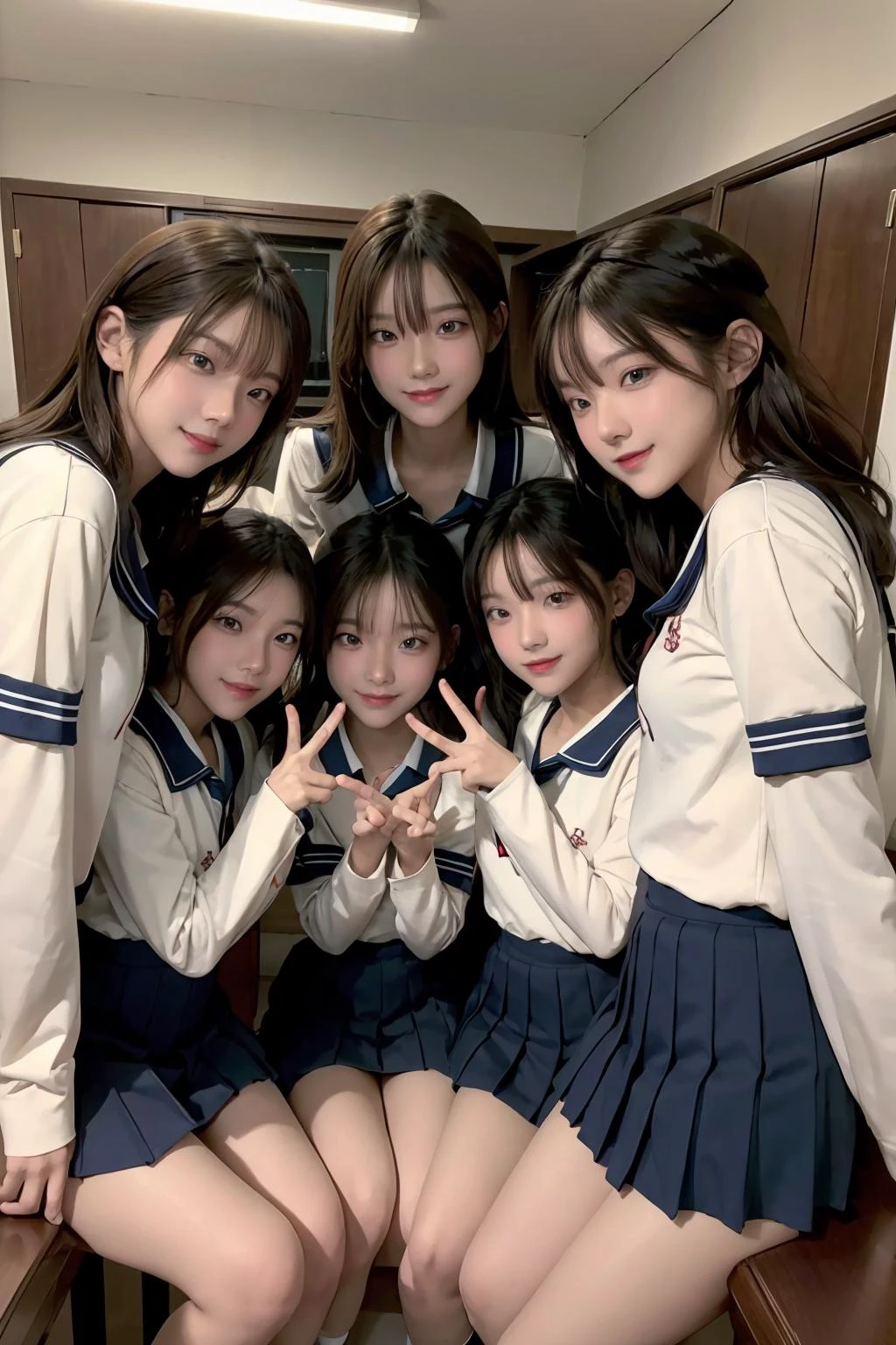 (masterpiece, best quality), (absurdres:1.2), (ultra detailed, 8K, ultra highres:1.2), (beautiful 4girls and handsome 4boys:1.3), young, slim, (cinematic composition), blush, happy smile, dramatic lighting, (short body, body), (group shot, gathered, friends), (multiple boys:1.2), looking at viewer, standing, sitting, posing, school uniform, (multiple loving couples:1.2), v-signs, <lora:Spicyuuu-04:1>