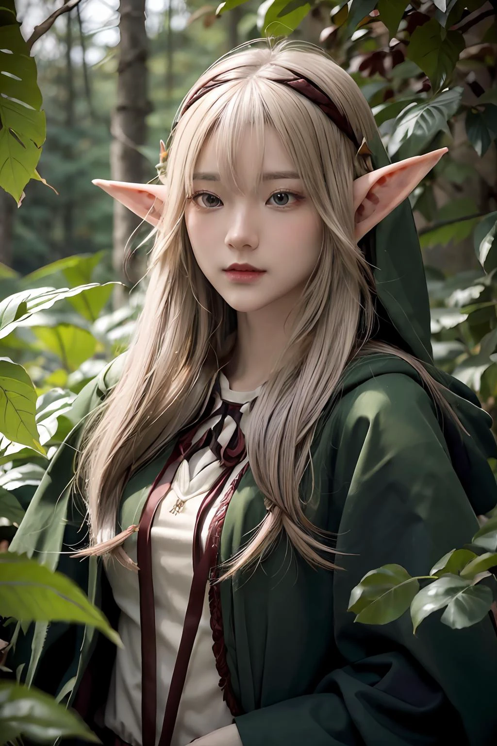 (masterpiece), best quality, expressive eyes, 1girl, perfect face, (((young male half-elf man))), deep red eyes, long white hair, pinkish skin, fit body, full body (((the hunter druid class))), tall, pointy ears, ((she is wearing light armor made of green leaves)), she lives in the forest surrounded with animals, a longbow on back, she looks like the hunter, furred hooded cloak, <lora:Spicyuuu-04:1>
