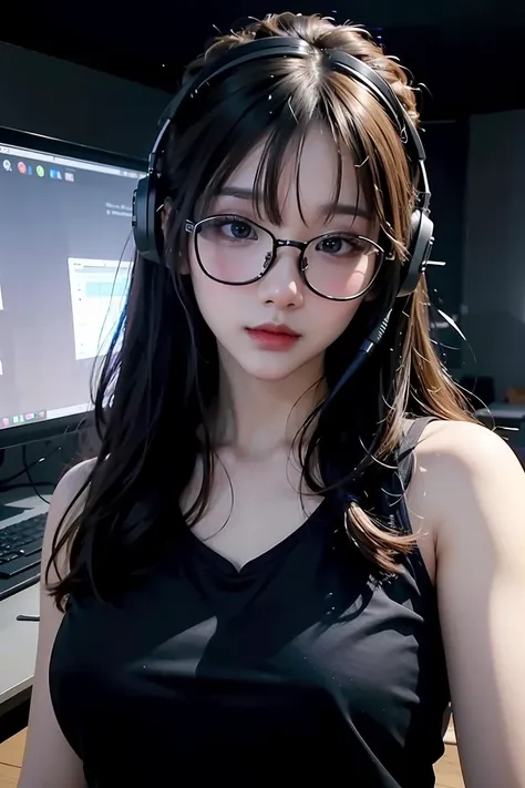 (masterpiece), best quality, perfect face, 1girl,  nsfw, twitch streamer, headphone, screen, glasses,  draker background<lora:Spicyuuu-02:1>