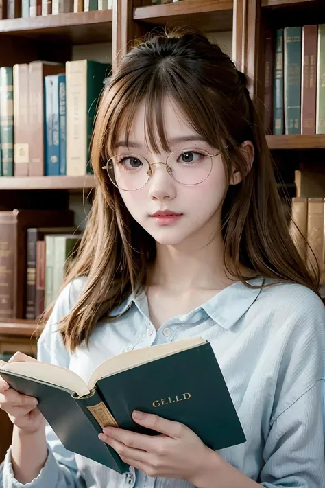 portrait photography of a college belle wearing gold wire glasses reading in the library,
<lora:Spicyuuu-04:1>