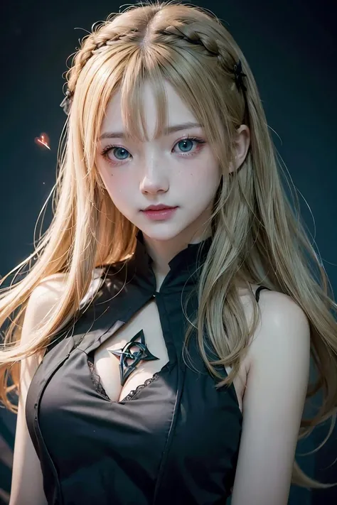 ((realism、Realistic、Photorealistic))、最high quality、Best image quality、masterpiece、age Japanese Girl((18-year-old,Black Wizard Hat、Sexy black and orange outfit,Orange and black skirt、Orange muffler,Best Bust、Bust 95、Blonde、long hair,Silver Eyes、Open your chest wide、valley、happiness、Slender、Blood coating、Chest enhancement、Batのタトゥー、Gold earrings、Right hand beckoning motion))high quality、Beautiful art、With background((night、Dark Sky、Halloween at night、Bat、Pumpkin,nightmare、Halloween、In the woods))、depth(Beautiful Black House),Tabletop、Exquisite design、Visual Arts、High Contract、Best lighting、Most detailed