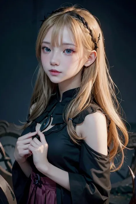 anime art style, alone, ((8yo)), looking at viewer, upper body, plunging neckline, ((blond hair))