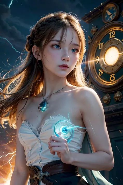 (masterpiece, best quality),  game cg cinematic,  1 girl, adult (elven:0.7) woman, freckles, aquamarine eyes, dark brown dutch braid,
  solo, upper body, looking up, detailed background, detailed face, ( excessive energy, storm,  jolttech theme:1.1) glowing eyes, (master of time and space:1.1),  timeless,  circular patterns, clock,   energy, standing still,  clock-face in background, epic atmosphere, <lora:Spicyuuu-04:1>