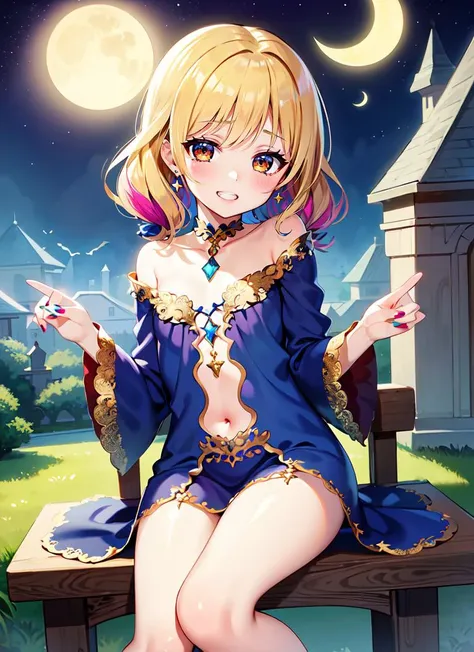((best quality)), ((highly detailed)), , (1girl), dynamic angle, sitting on a chair, ((<lora:oversized_shirt_v0.2:1>, oversized clothes, oversized shirt)), gyaru, (((multicolored hair))), ((blonde hair and light blue hair)), brown eyes, grin, small breasts, makeup, long nails, painted nails, jewelry, earrings, bracelets, piercings, scrunchies, , (outdoors, at a mausoleum, night, night sky, stars, crescent moon, telescope, sunny), <lora:SCIFantasy:-5>