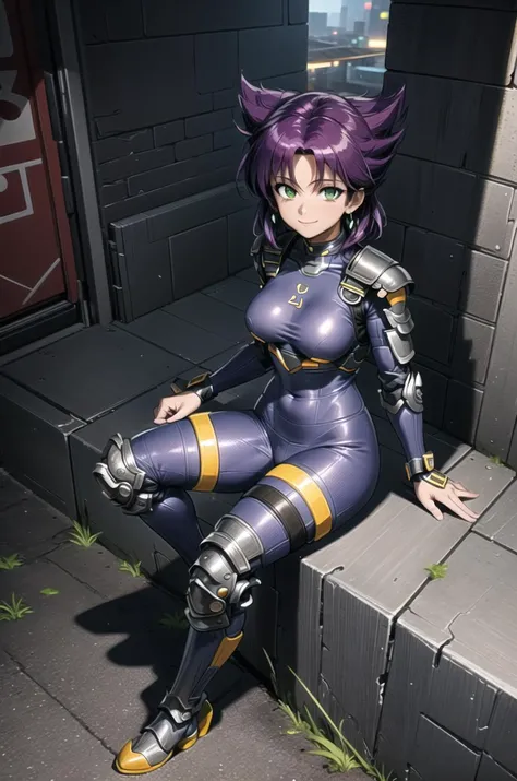 (masterpiece, best quality, detailed), 1girl, solo, smile, closed mouth, looking at viewer, sitting, knee up, against wall, from above, full body
outdoors, cyberpunk, alley, night,
konoko, bodysuit, shoulder armor, boots, knee pads <lora:KonokoOniV1_7-MIX3:1> <lora:more_details:0.5>