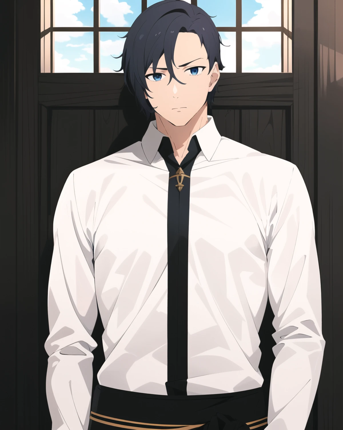 mushoku tensei style, 1boy, male focus, solo, blue eyes, window, black hair, muscular male, outdoors, looking at viewer, upper body, ((masterpiece)) <lora:mushoku_tensei_style_offset:1>