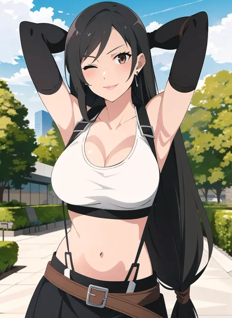 mushoku tensei style, anime coloring, tifa lockhart, 1girl, thick lips, arm up, armpits, artist name, belt, black hair, breasts, brown eyes, cleavage, closed mouth, collarbone, cowboy shot, crop top, earrings, elbow gloves, elbow pads, gloves, jewelry, large breasts, lips, long hair, low-tied long hair, midriff, navel, one eye closed, outdoors, skirt, smile, solo, stomach, suspenders, tank top, upper body, ((masterpiece))  <lora:mushoku_tensei_style_offset:1> <lora:tifa_lockhart:0.3>